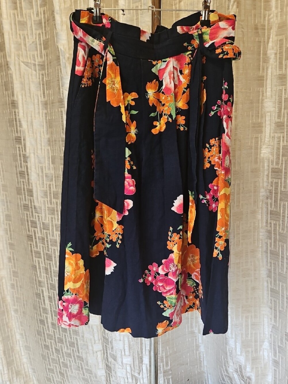eva mendes for New York & Company Navy Floral Tie-Waist Midi Skirt